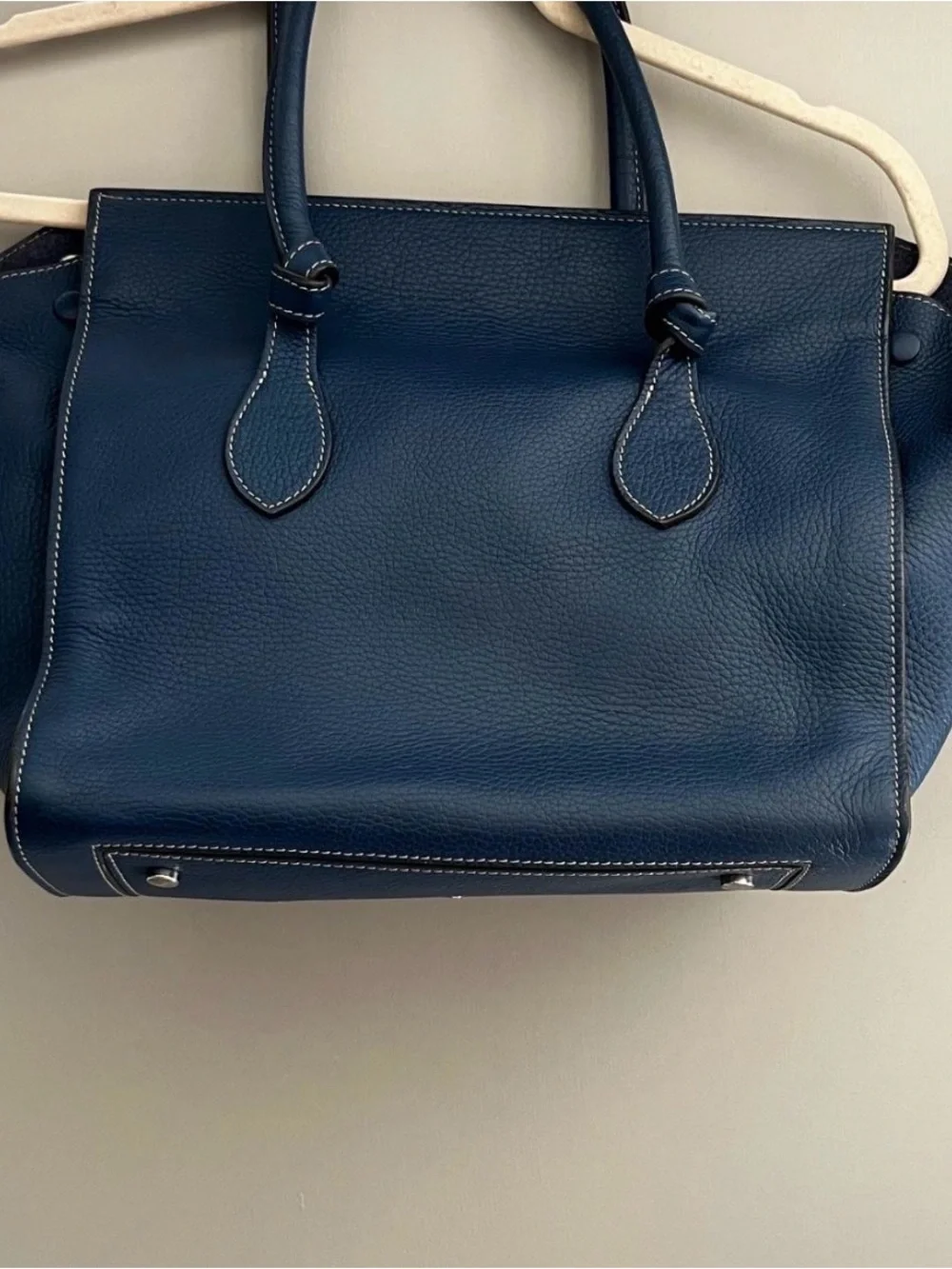Navy Leather Tote Bag with Contrast Stitching - Women's Handbag